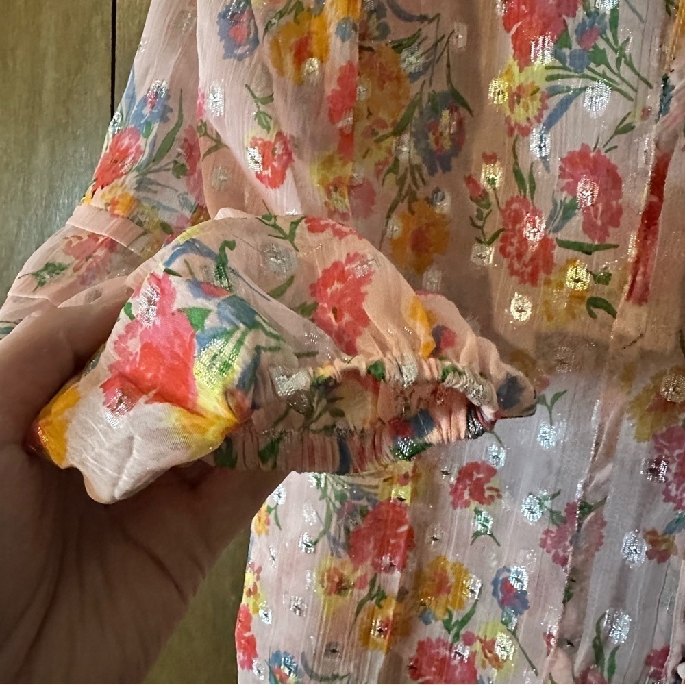 Lipsy Button-Front Multicolour Metallic Floral Top Boho Cottagecore Size 10 - Picture 7 of 14